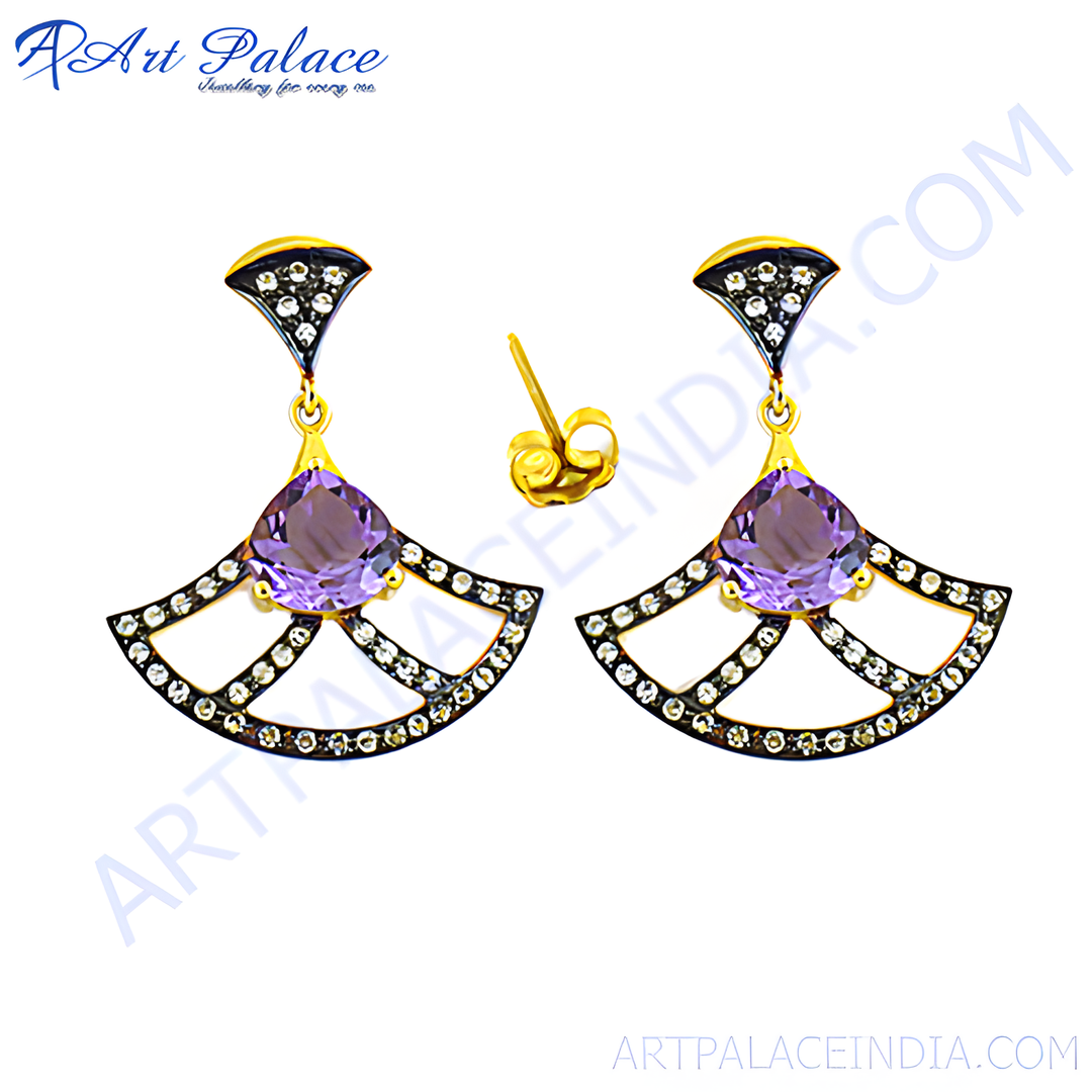 gold plating and amethyst fan-shaped dangle earrings with gemstone accents, perfect for women.