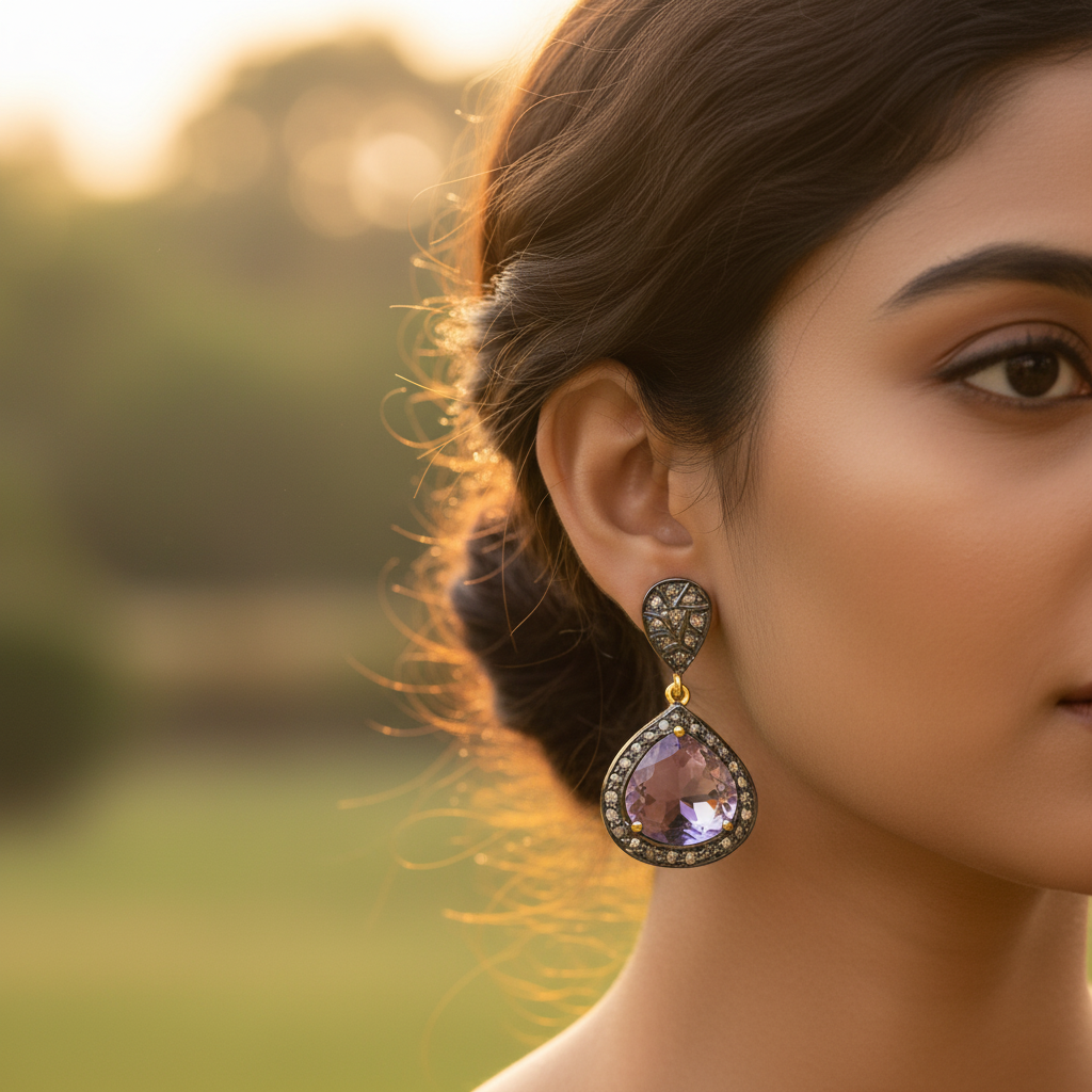 Amethyst Drop Earrings | Silver & Diamond Accent | Women's Jewelry