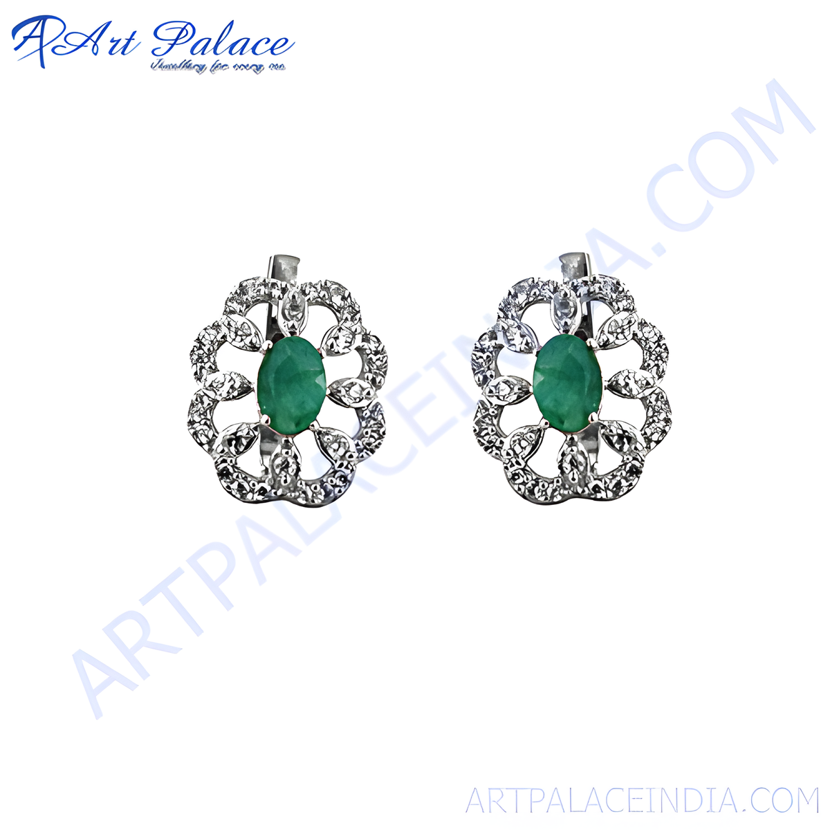 Sterling silver stud earrings featuring oval emeralds and sparkling diamonds in a floral design