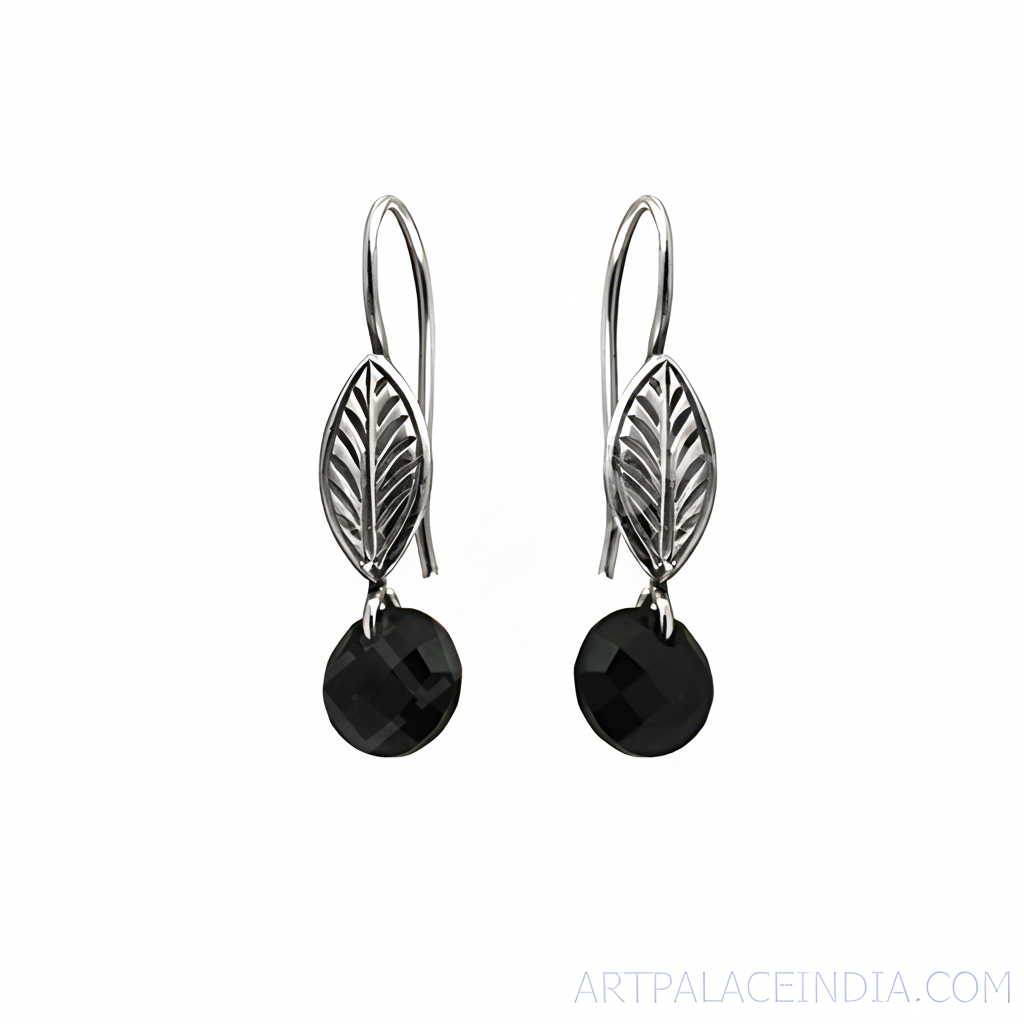 925 Silver Leaf Black Onyx Drop Earrings for Women