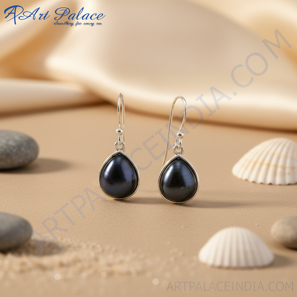Black Pearl Teardrop Earrings | Sterling Silver | For Women