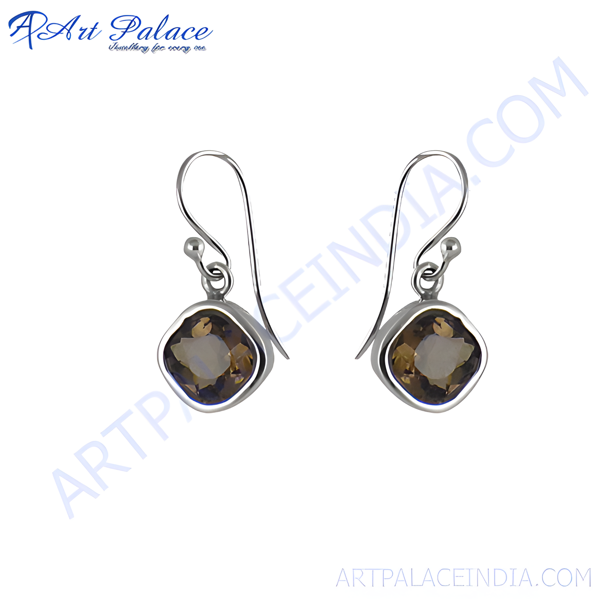 925 sterling silver dangle earrings with square cut smoky quartz gemstones, brown color, elegant design