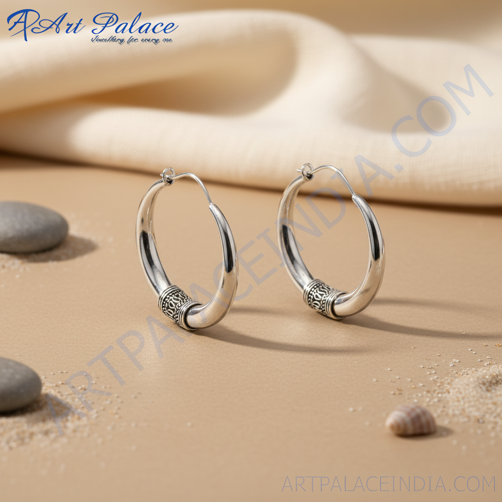 Silver hoop earrings for women | oxidized tribal design