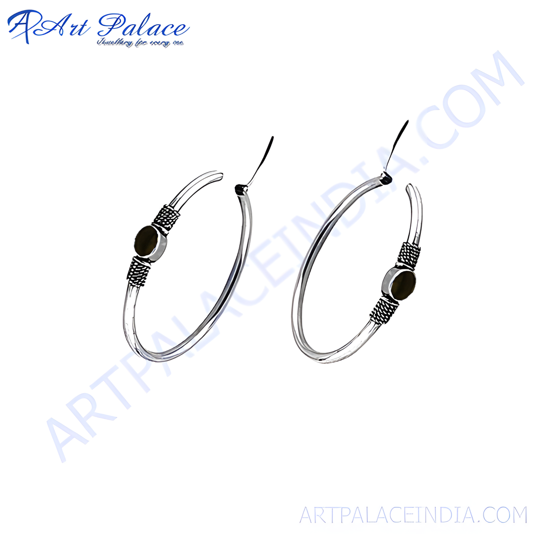 Silver hoop earrings featuring a black stone accent, perfect for women's daily wear