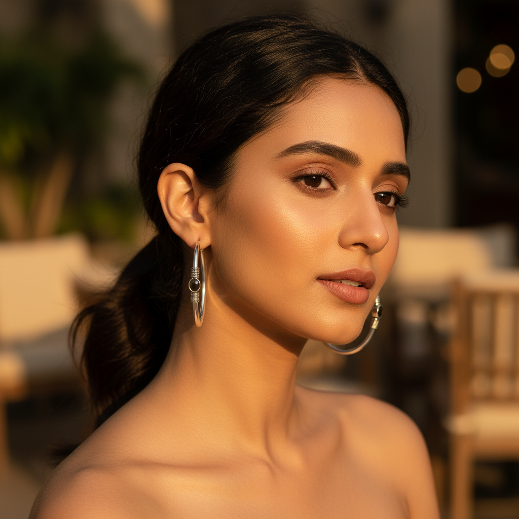 Silver Hoop Earrings with Black Stone | Daily Wear for Women
