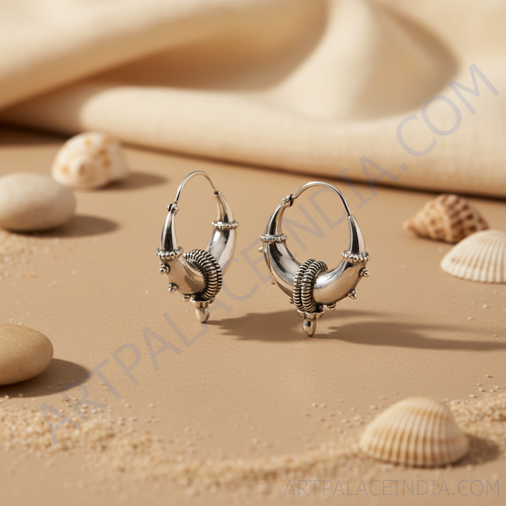 Silver hoop earrings | tribal design | for women