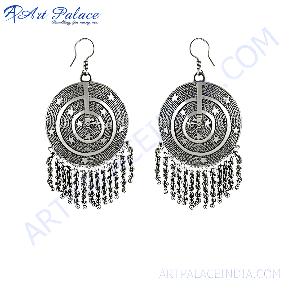 Oxidized silver dangle earrings with star and spiral design, perfect for women