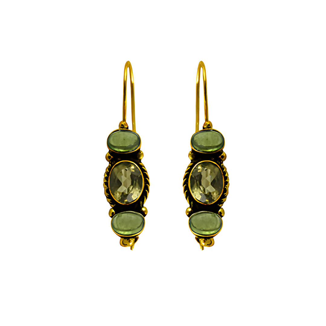 gold plating drop earrings featuring three green oval-cut gemstones with a hook closure.