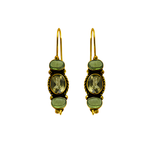 Load image into Gallery viewer, gold plating drop earrings featuring three green oval-cut gemstones with a hook closure.
