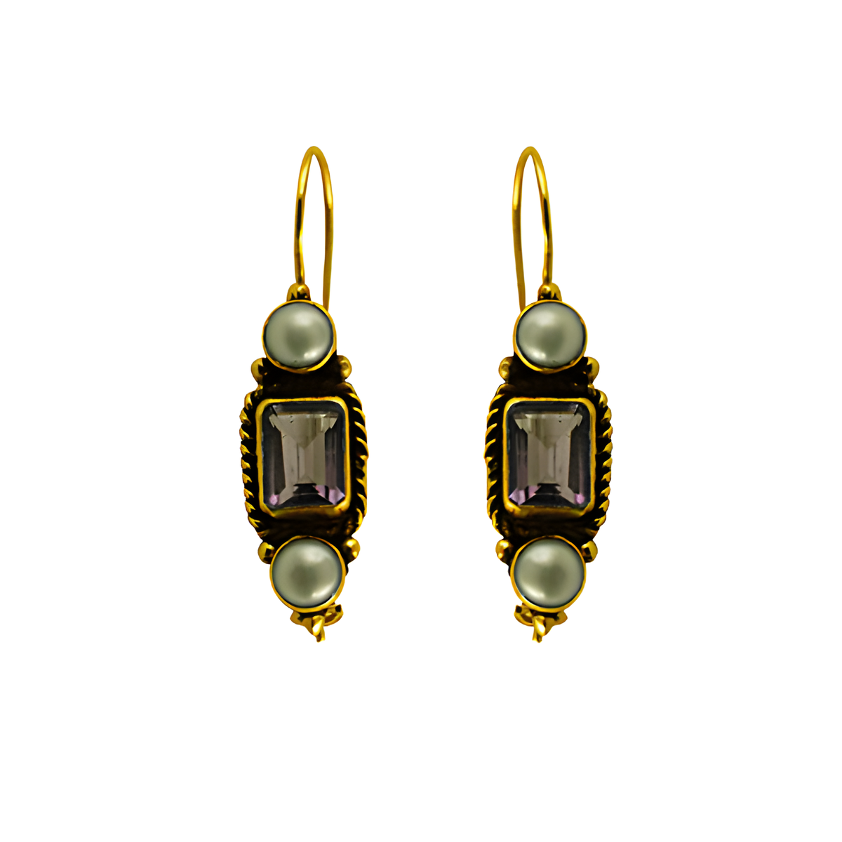 Gold plating drop earrings featuring a rectangular gemstone and pear shaped gemstones, perfect for any occasion