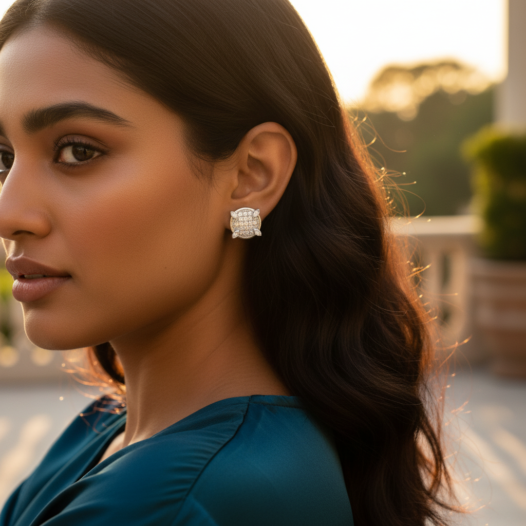 Silver Diamond Stud Earrings | Square Cut | For Women