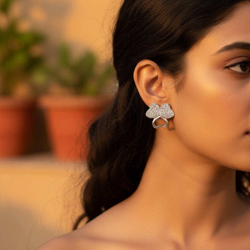 Silver heart stud earrings for women | crystal embellished