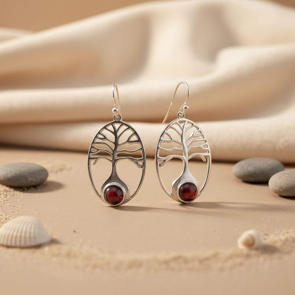 925 Silver Tree of Life Earrings with Garnet Gemstone | Women's Jewelry