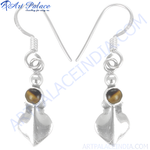 Load image into Gallery viewer, Sterling silver dangle earrings with tiger eye gemstone and leaf design in silver color

