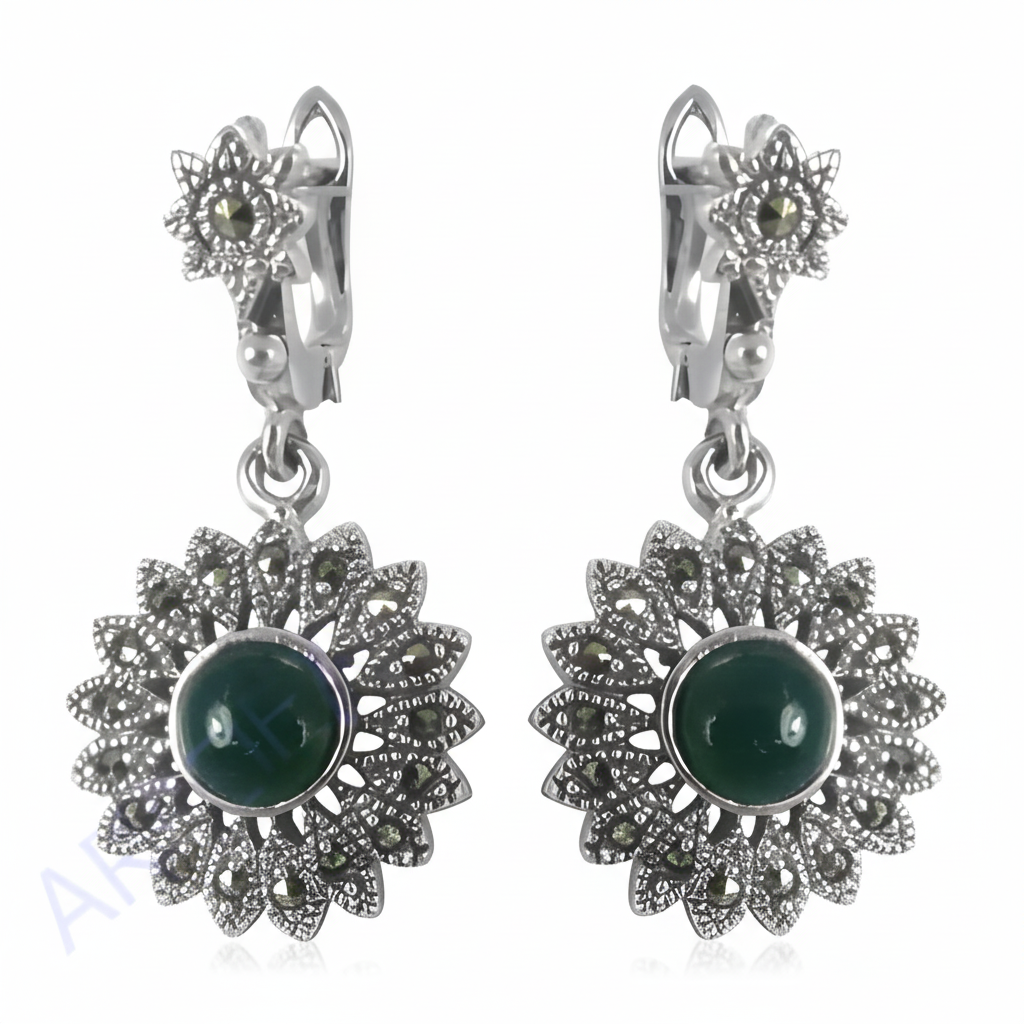 925 Sterling Silver Green Stone Earrings for Women | Floral Design