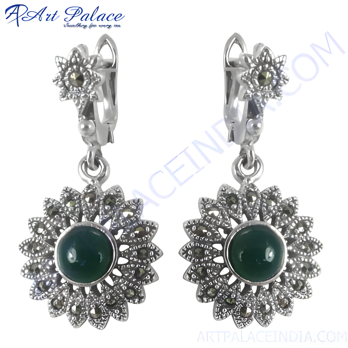 Sterling silver dangle earrings with a green gemstone center and marcasite accents