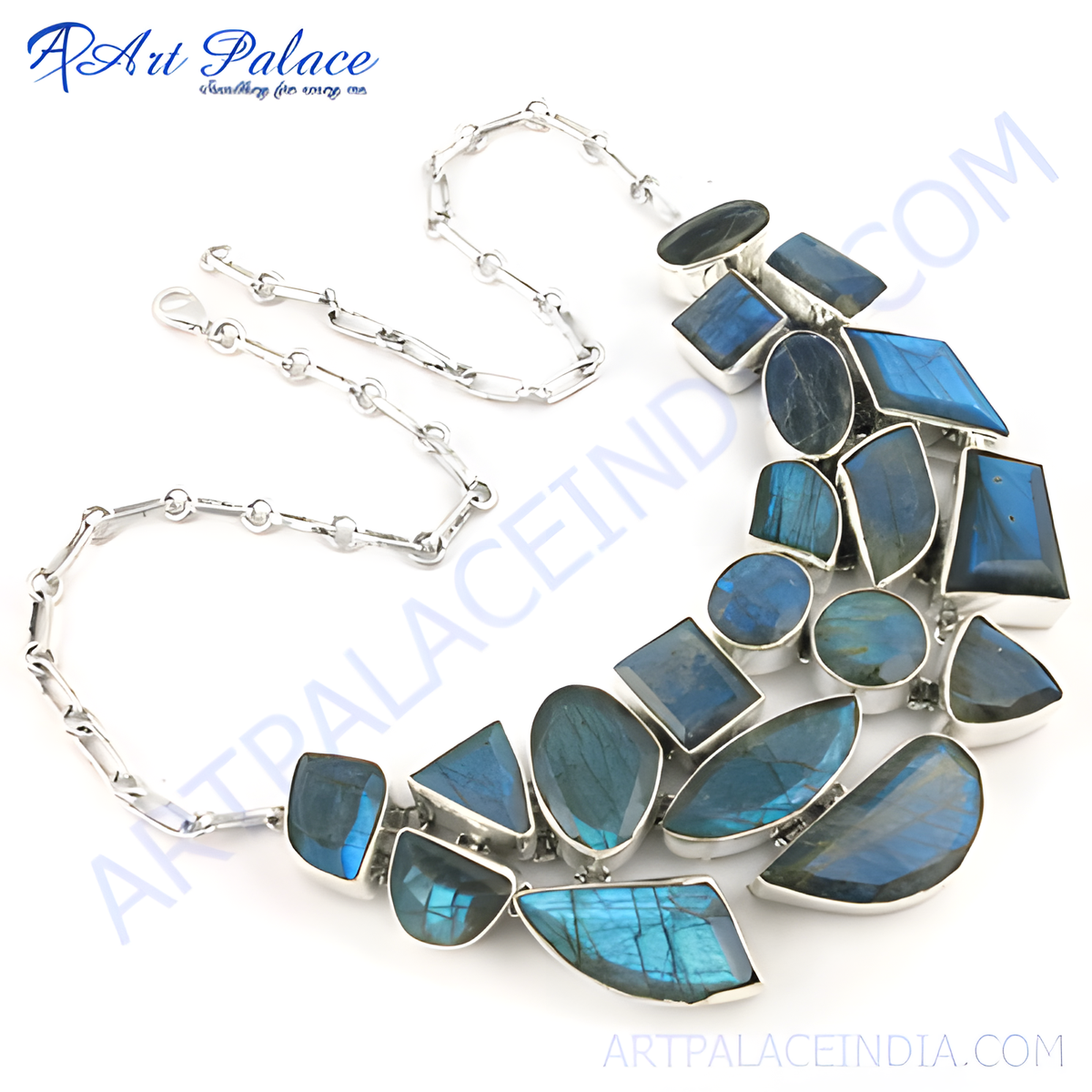 925 sterling silver labradorite gemstone necklace with blue and iridescent flashes