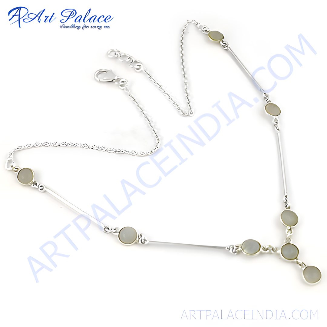 Sterling silver chain necklace with light gray moonstone gemstones, minimalist style