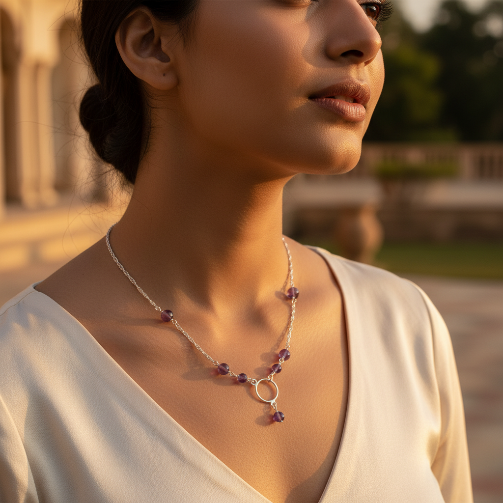 925 Silver Amethyst Beaded Necklace for Women | Gemstone Jewelry