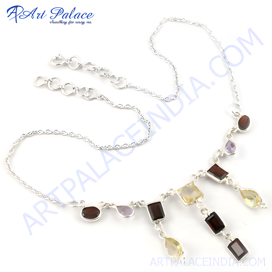 Sterling silver necklace with multi-colored gemstones including garnet, amethyst, and citrine.