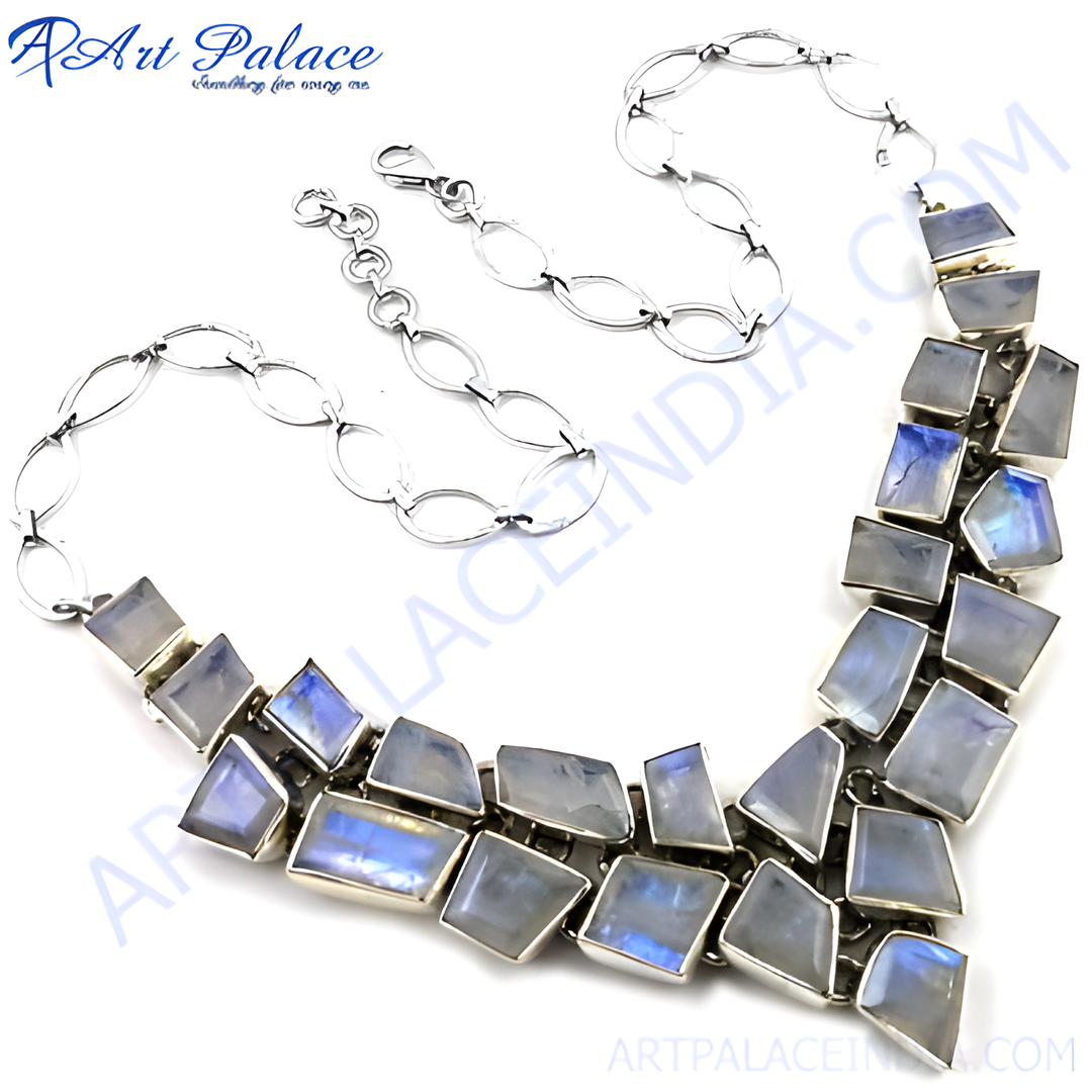 925 Sterling silver statement necklace with irregular-cut moonstone gemstones.