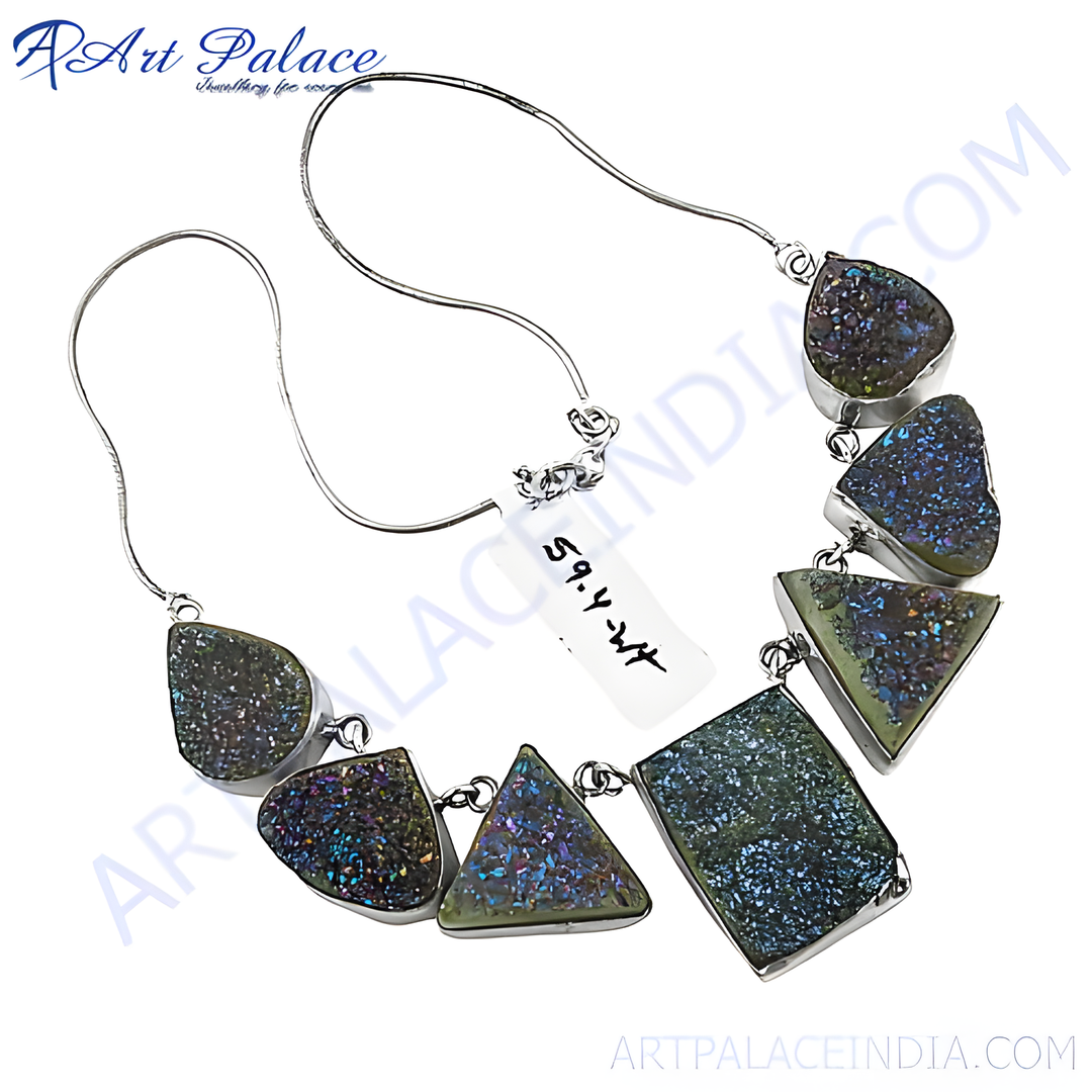 Silver druzy stone statement necklace with unique natural crystal formation, in various geometric shapes