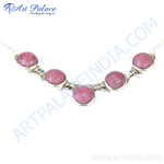 Load image into Gallery viewer, Sterling silver necklace featuring five round pink rhodonite gemstones for women.
