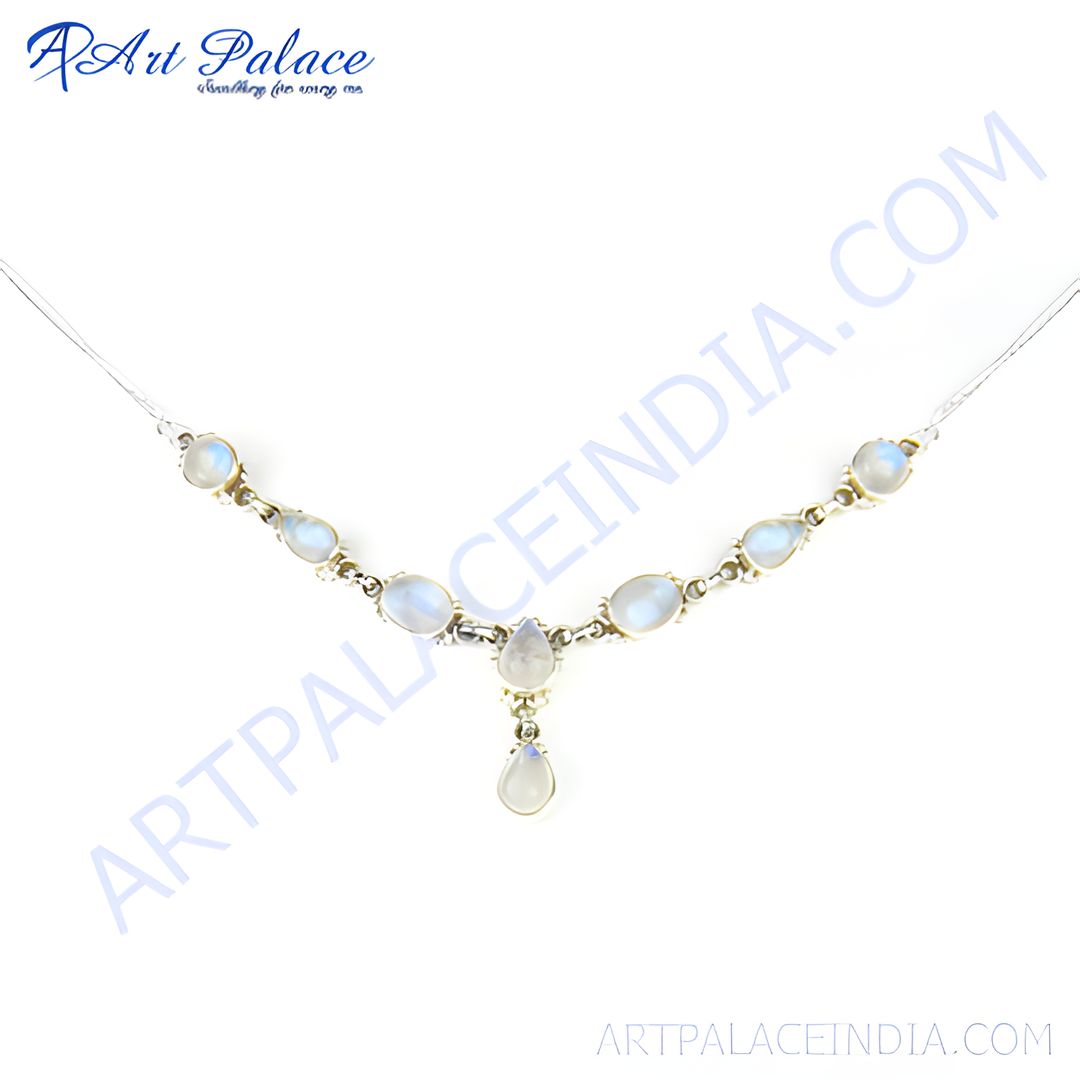 925 sterling silver moonstone necklace with oval and pear-shaped gemstones, white background.