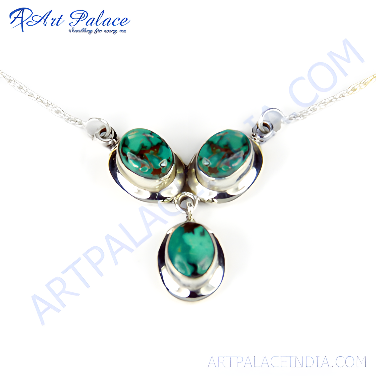 925 sterling silver turquoise necklace featuring three oval shaped green and brown gemstones