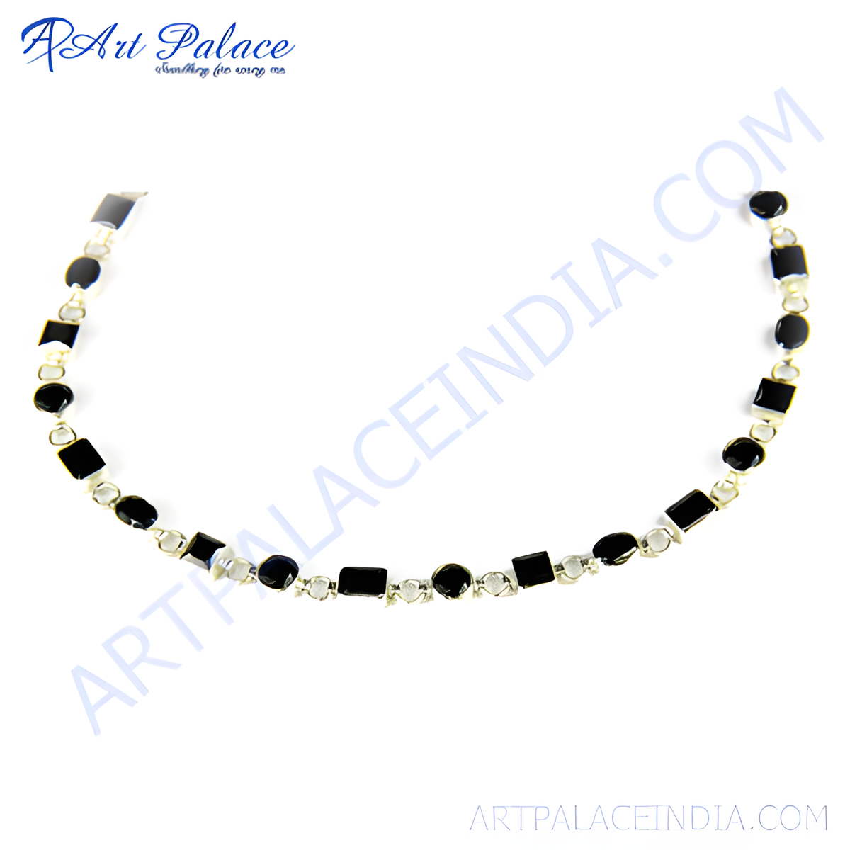 Sterling silver necklace featuring alternating black onyx gemstones and clear cubic zirconia stones