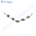 Load image into Gallery viewer, 925 sterling silver moonstone flower necklace with pear-shaped blue and gray gemstones

