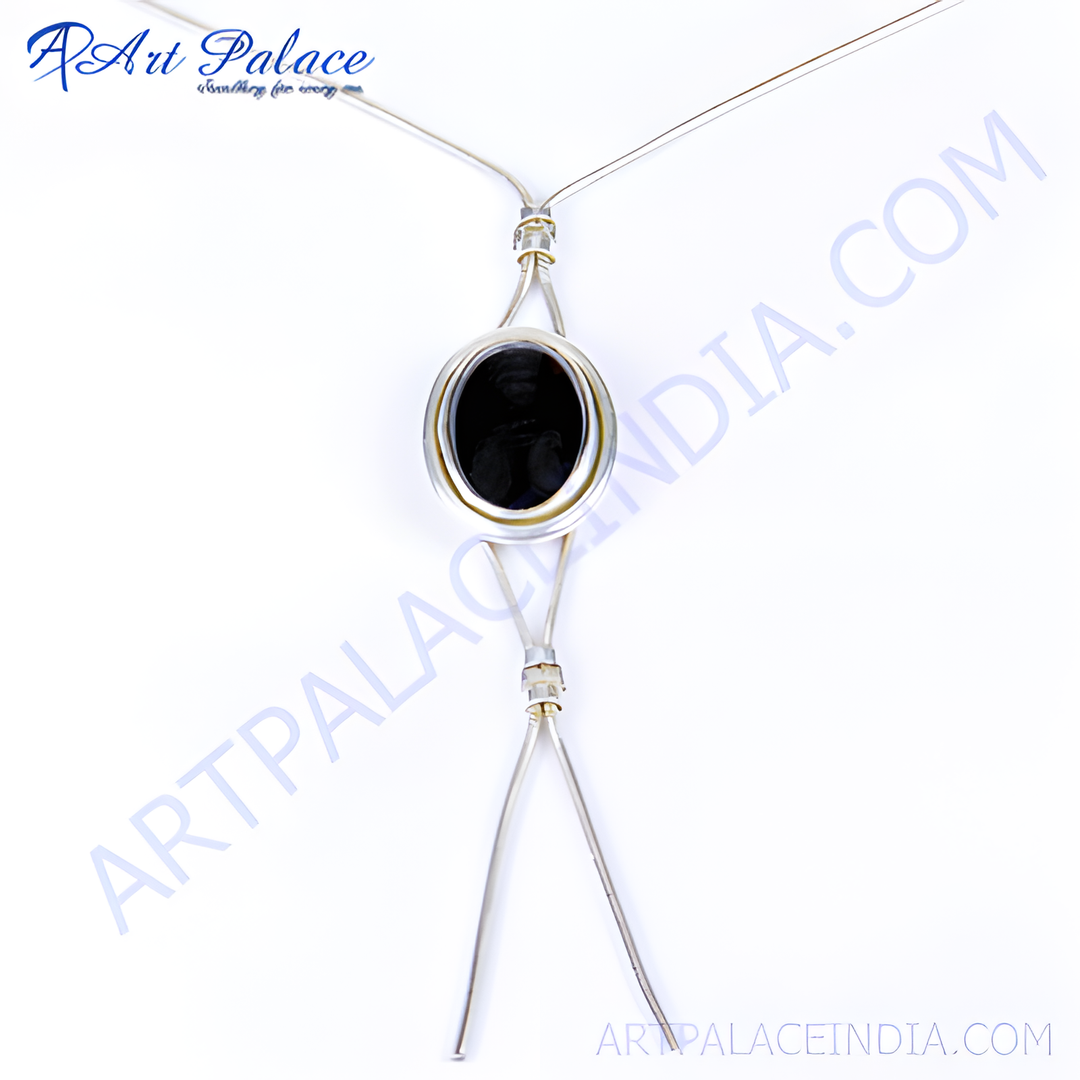 Sterling silver onyx pendant necklace, featuring a black oval gemstone, minimalist design.