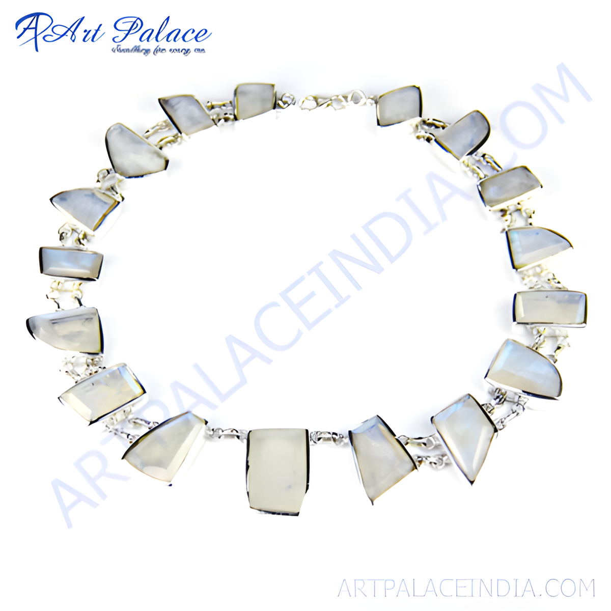 Sterling silver chain necklace with irregular shaped moonstone gemstones against a white background