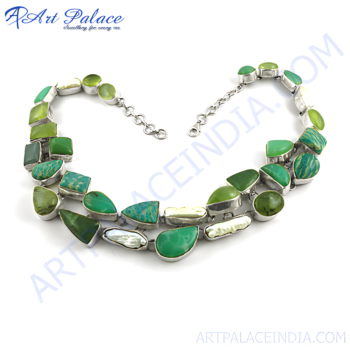 Sterling silver necklace with various shades of green gemstones in a unique design