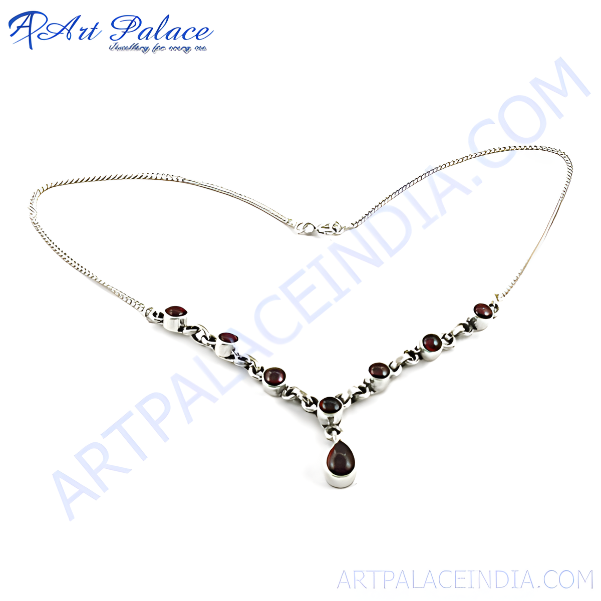925 sterling silver necklace with a series of round garnet stones and a tear drop shaped central garnet pendant