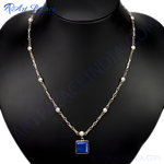 Load image into Gallery viewer, Silver necklace with a square blue lapis lazuli pendant and pearl accents for women
