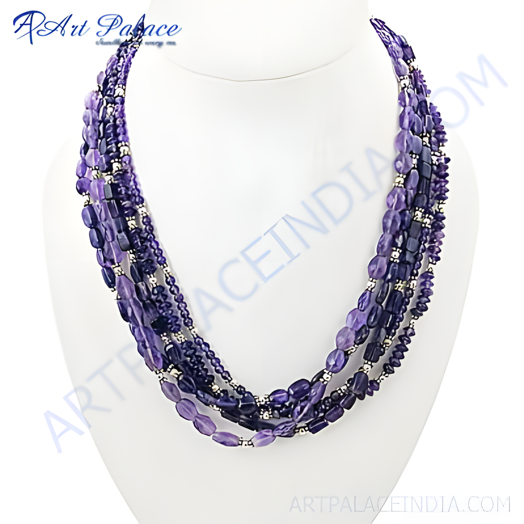 Multi-strand necklace featuring vibrant purple gemstones, perfect for any occasion.