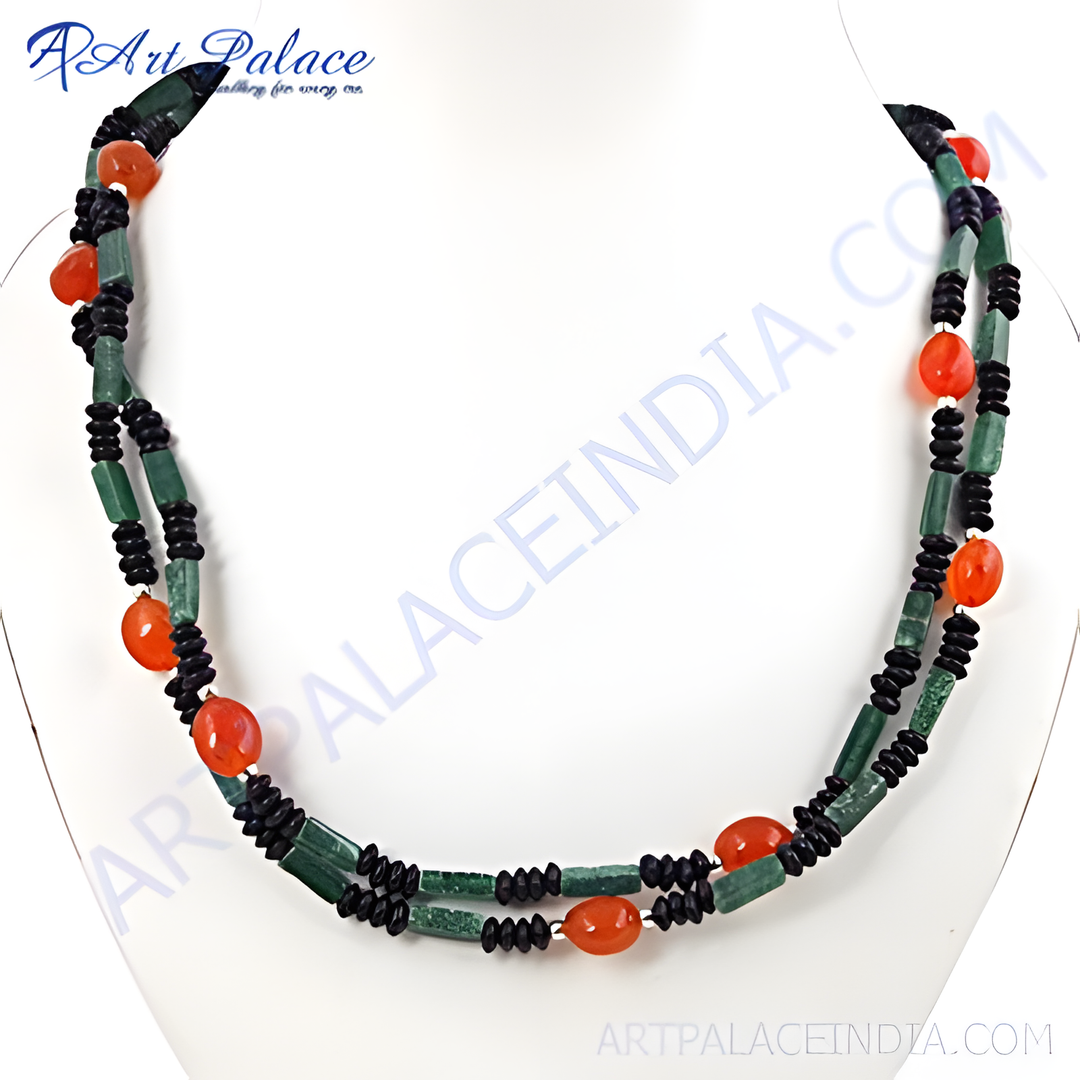 Green jade and carnelian beaded necklace on a white mannequin, featuring vibrant colors and natural gemstones.