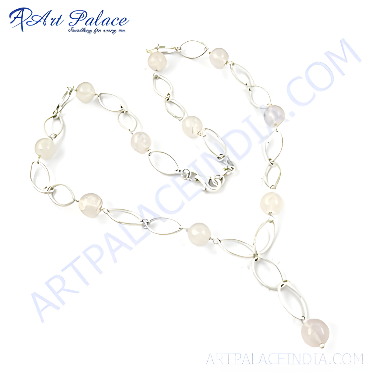 Sterling silver necklace with oval links and round rose quartz beads, a light pink gemstone, elegant design