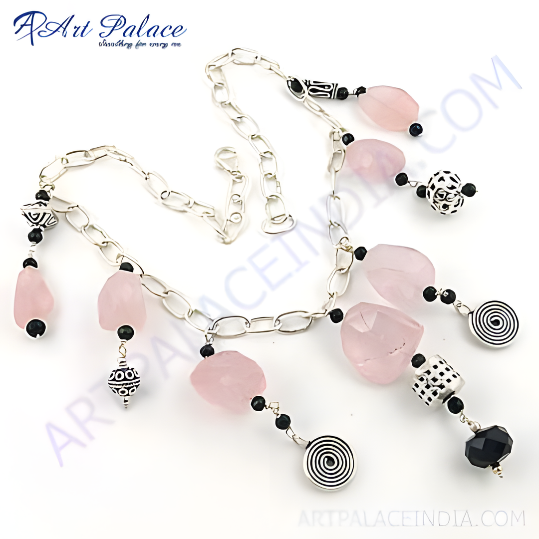 Sterling silver chain necklace with rose quartz and black gemstone beads, perfect for women.