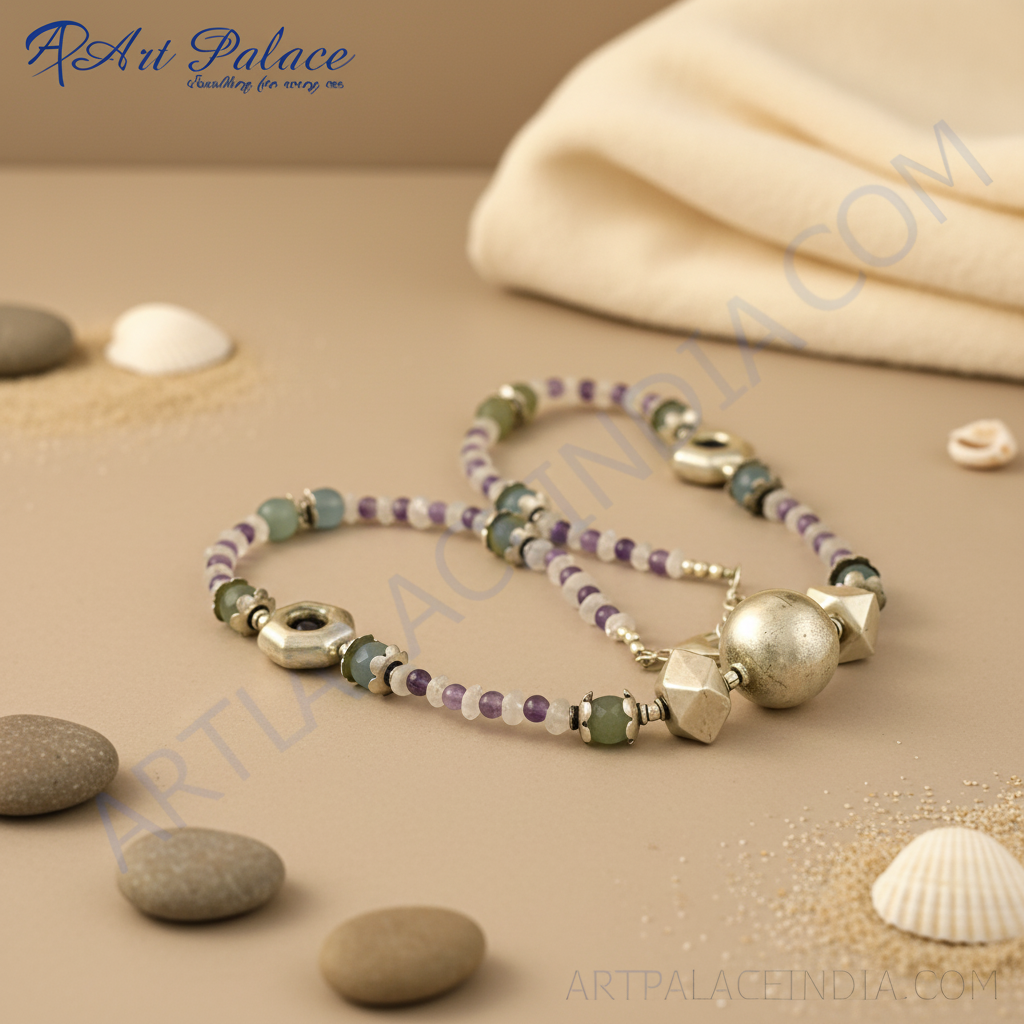 Silver beaded gemstone necklace | amethyst, daily wear jewelry