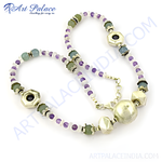 Load image into Gallery viewer, Silver beaded gemstone necklace with amethyst and green beads, a beautiful piece for any outfit

