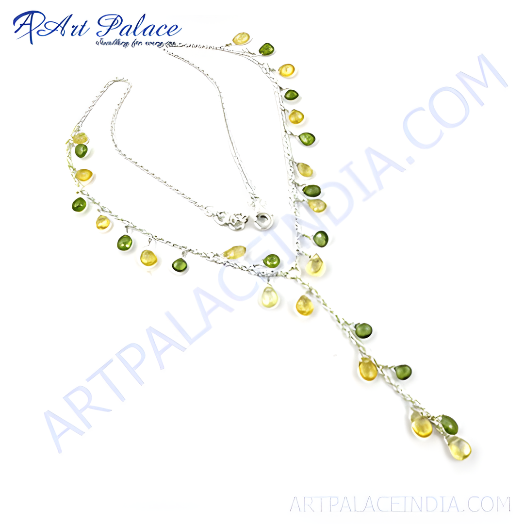 Sterling silver chain necklace with yellow and green pear-shaped gemstones, a delicate piece for women.