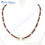 Load image into Gallery viewer, Red garnet and pearl beaded necklace on white background, gemstone jewelry for women.
