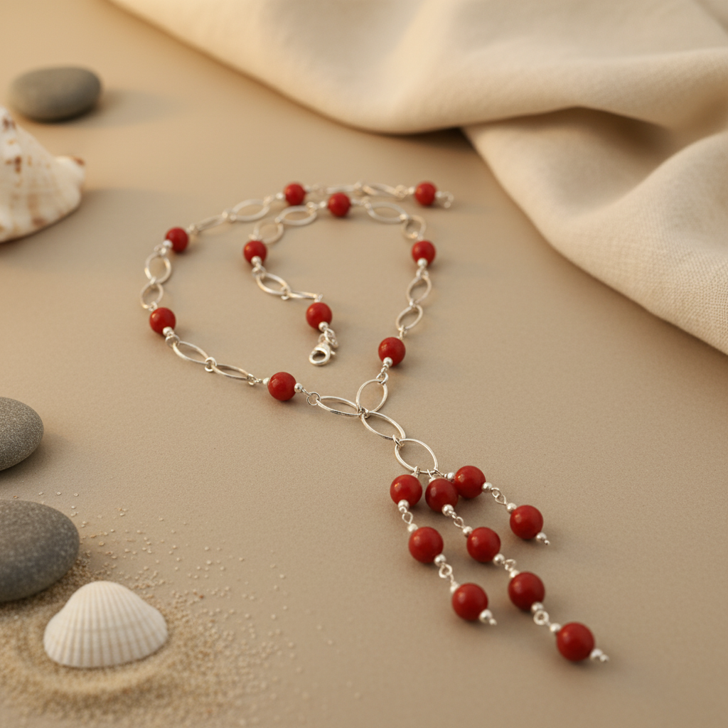 Silver Beaded Red Stone Necklace | Women's Fashion Jewelry