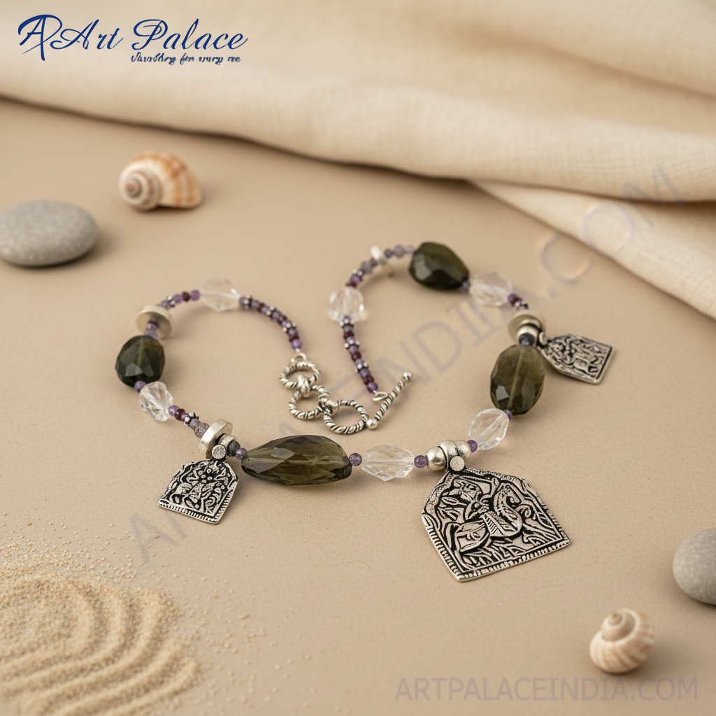 Silver Beaded Necklace with Green Gemstone Pendants | For Women