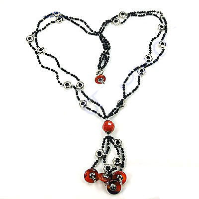 Black Beaded Necklace with Red Gemstones | Women's Fashion Jewelry