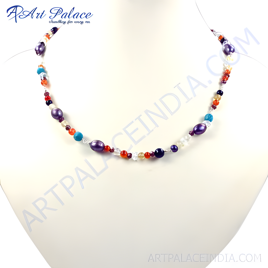 Multi-gemstone beaded necklace featuring amethyst, turquoise, citrine and other colorful gemstone beads.