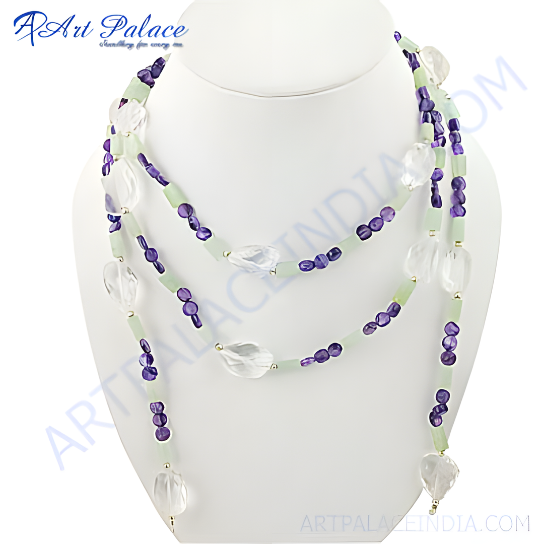 Multi-strand necklace featuring amethyst and clear quartz gemstones on a white bust.