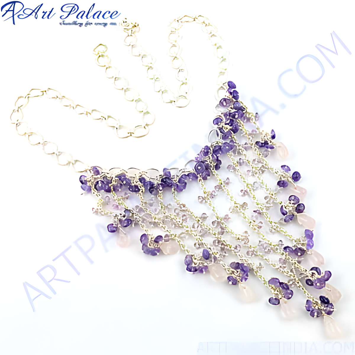 925 sterling silver waterfall necklace featuring amethyst and rose quartz gemstones, with a white background